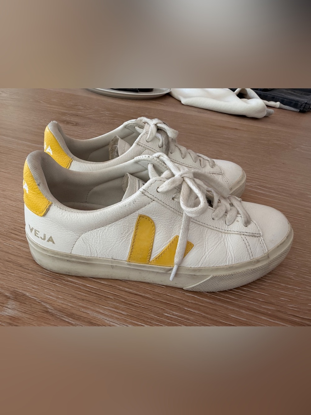 Veja White Leather Sneakers with Yellow V Detail